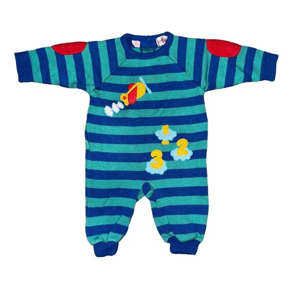 City Kids Other - Vintage Rare City Kids Airplane Sweater Romper Baby Boys 12 Months Striped Blue
